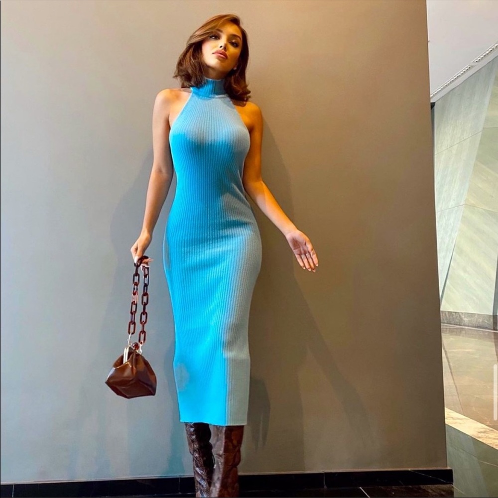Zara Blue Tube Halter Fitted Midi Dress Size XS-S
